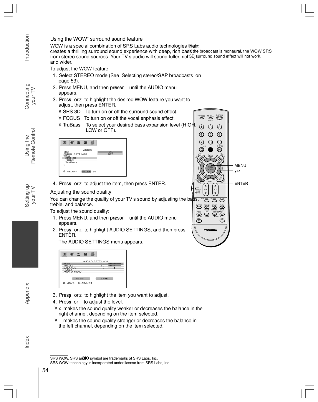 Toshiba 65H14 owner manual Using the WOW surround sound feature, Adjusting the sound quality, Audio Settings menu appears 