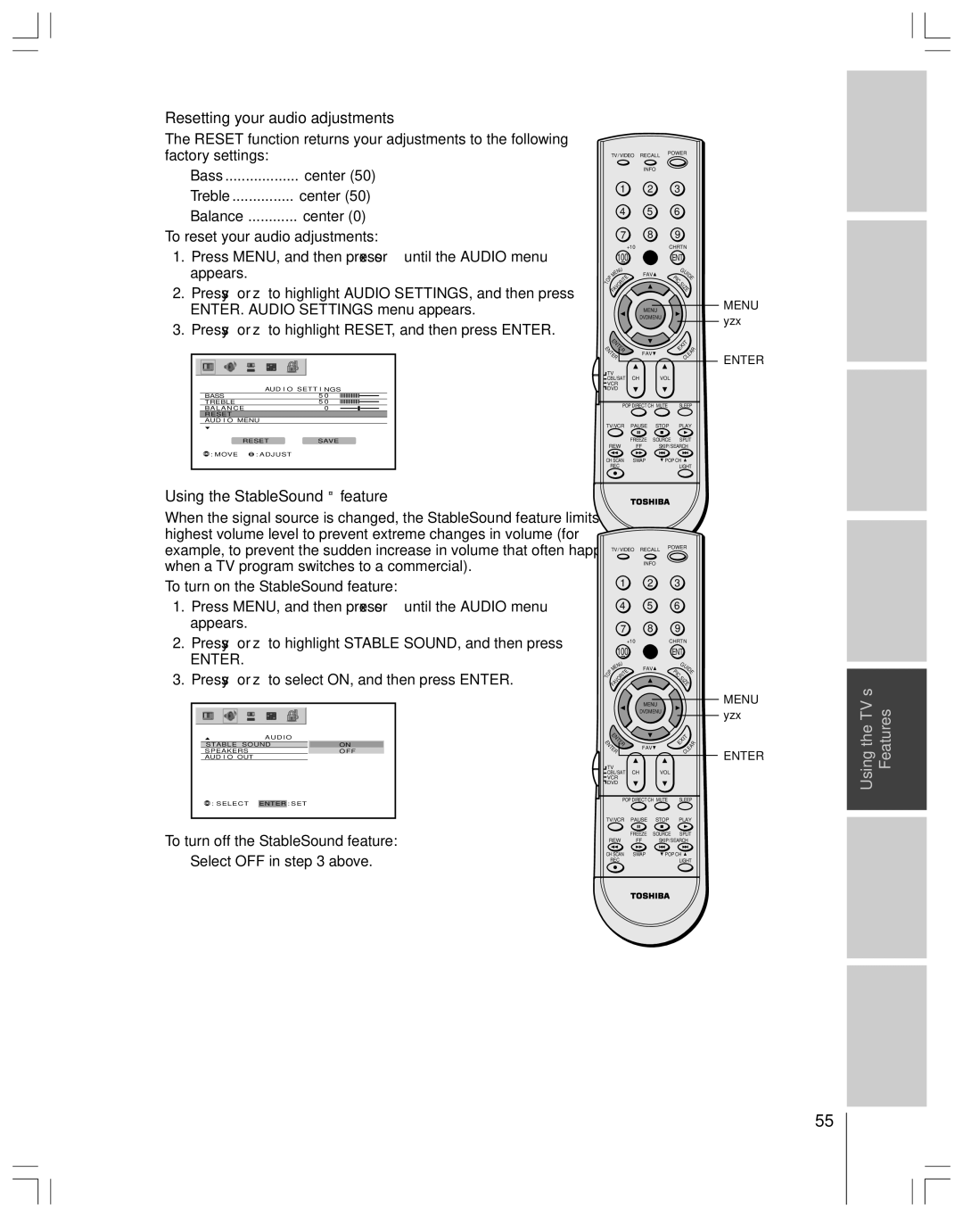 Toshiba 65H14 owner manual Resetting your audio adjustments, Using the StableSound feature 