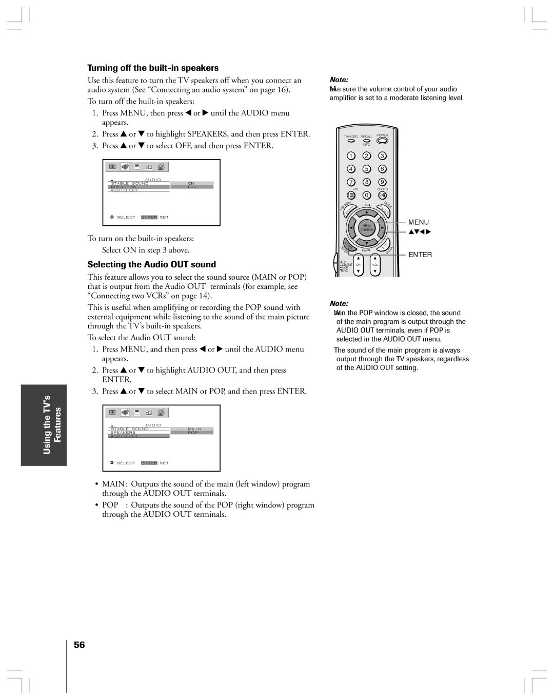 Toshiba 65H14 owner manual Turning off the built-in speakers, Selecting the Audio OUT sound 