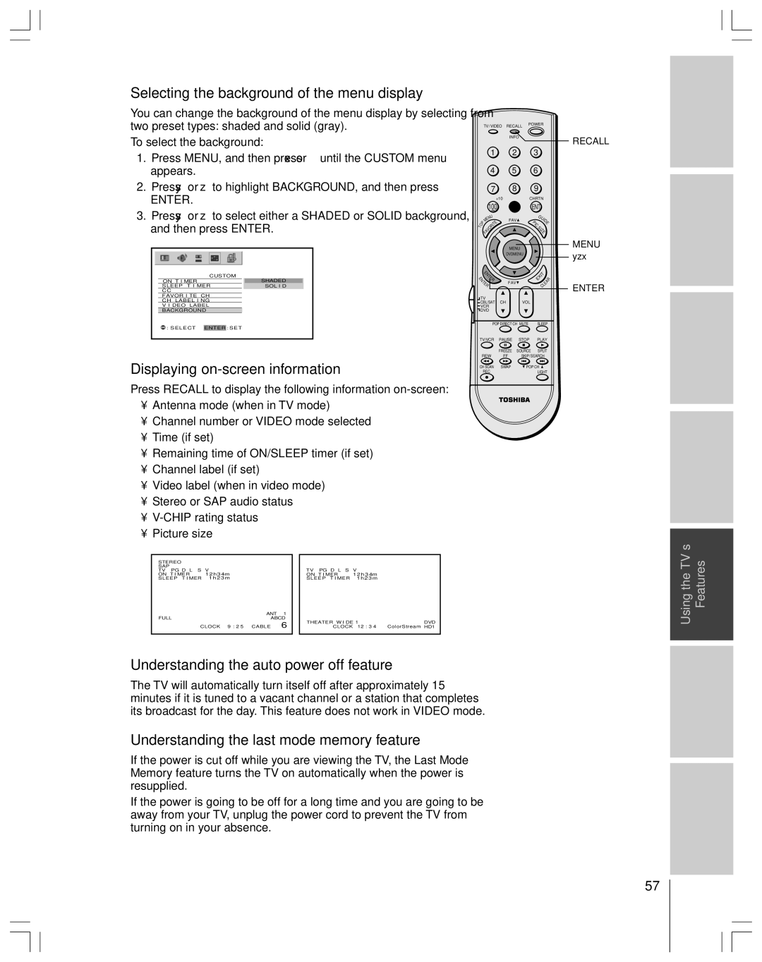 Toshiba 65H14 owner manual Selecting the background of the menu display, Displaying on-screen information 