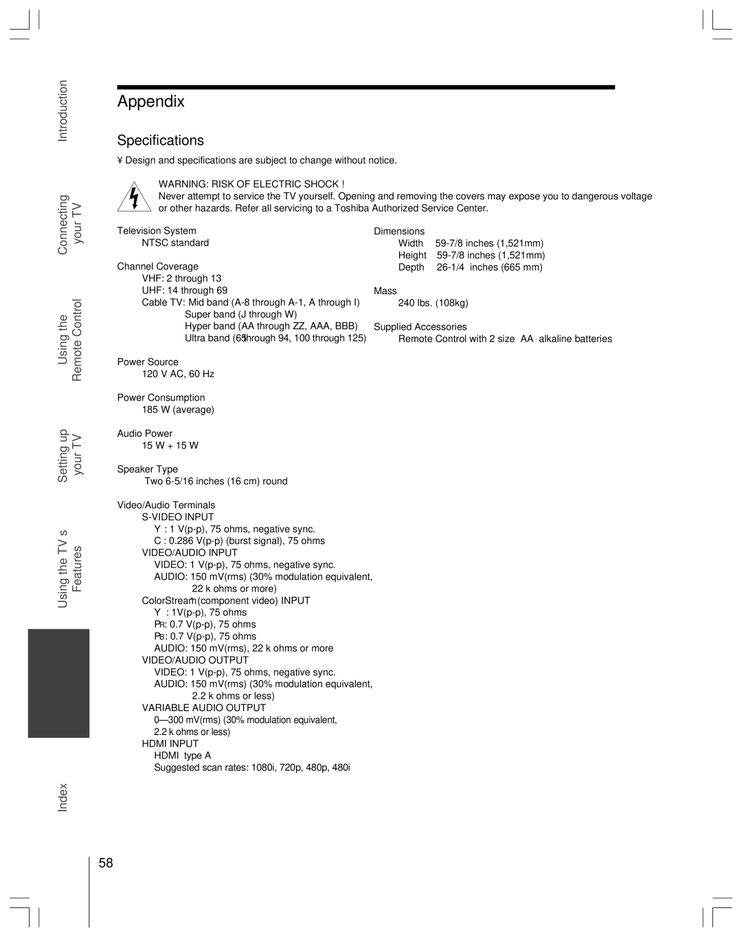 Toshiba 65H14 owner manual Appendix, Specifications 