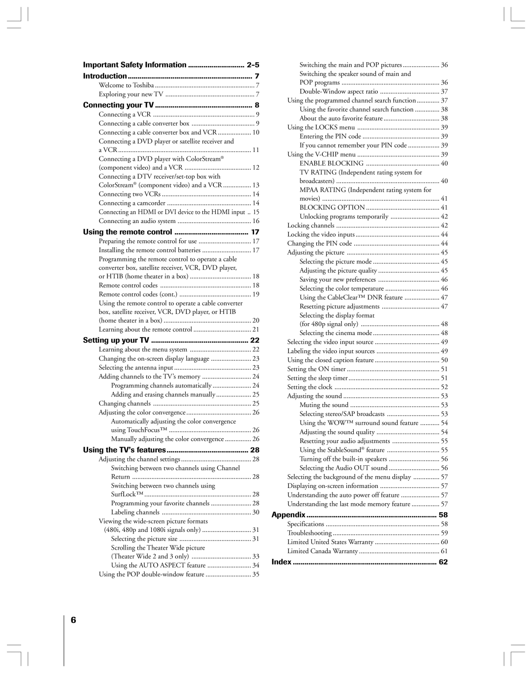 Toshiba 65H14 owner manual Important Safety Information Introduction 