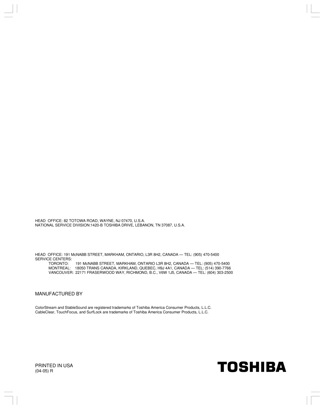 Toshiba 65H14 owner manual Manufactured by 