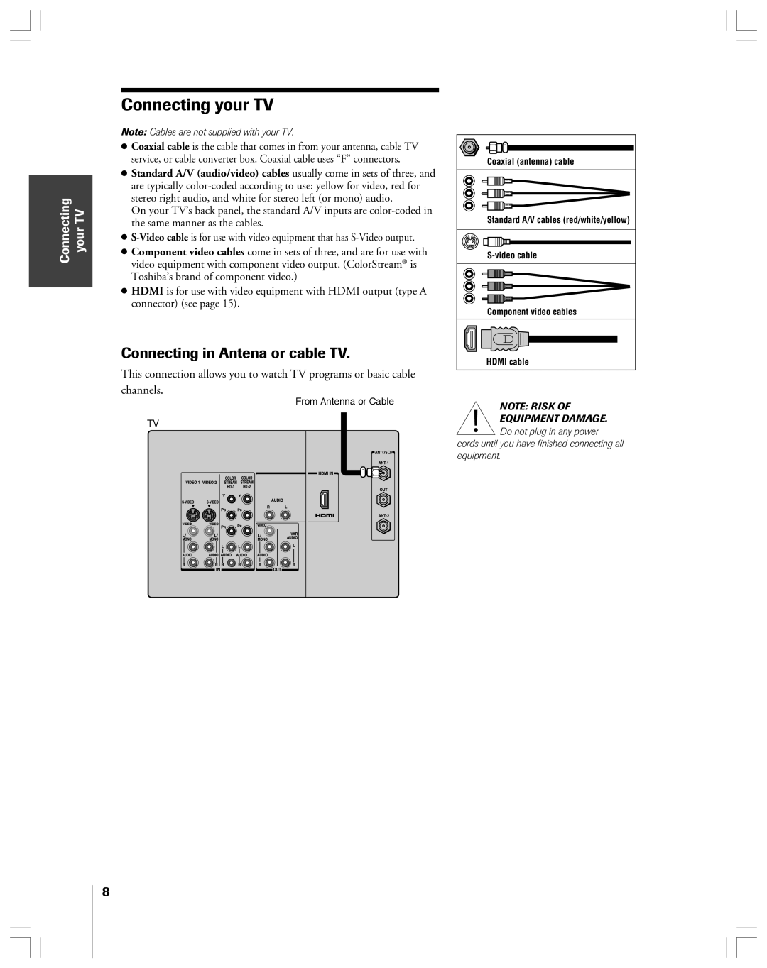 Toshiba 65H14 owner manual Connecting your TV, Connecting in Antena or cable TV 