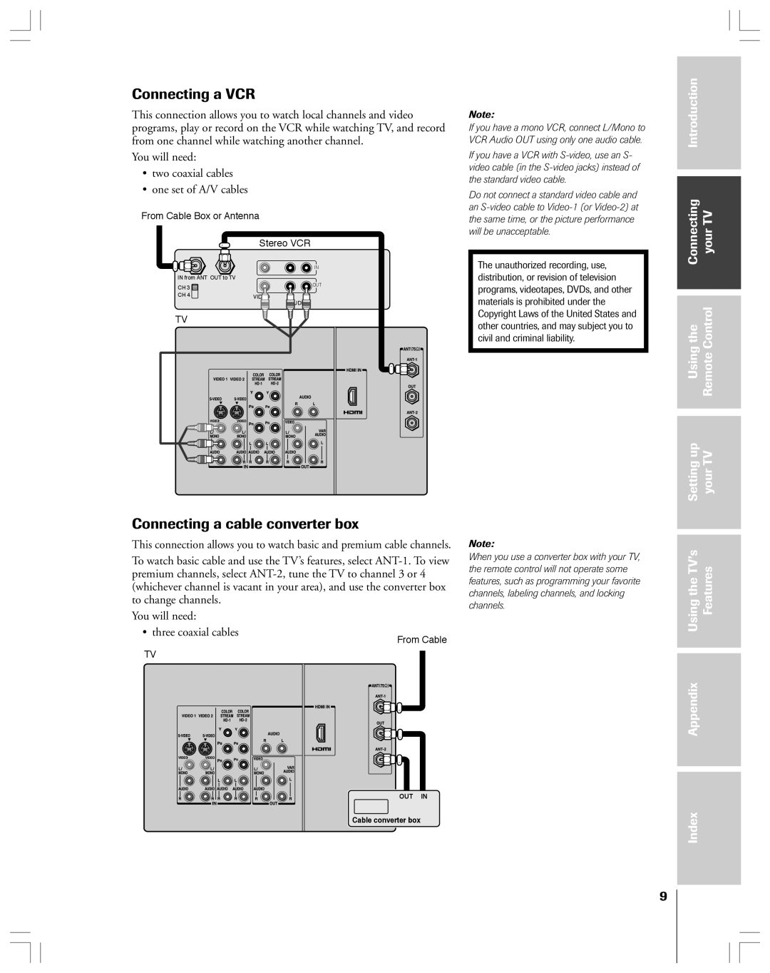 Toshiba 65H14 owner manual Connecting a VCR, Connecting a cable converter box, You will need Three coaxial cables 