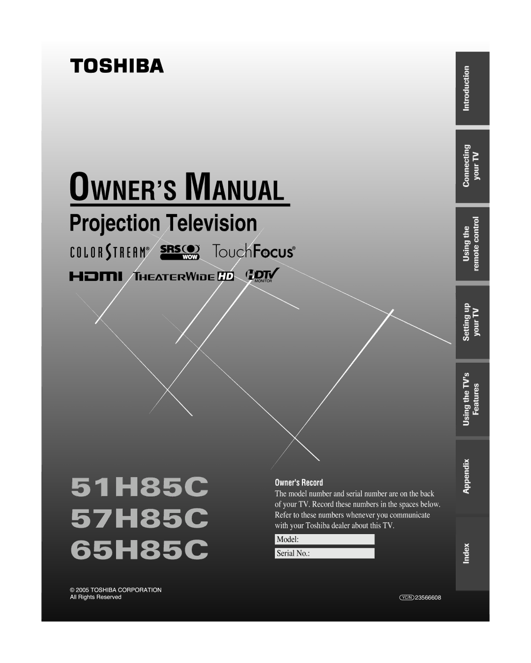 Toshiba 51H85C, 65H85C, 57H85C owner manual Projection Television, Index 