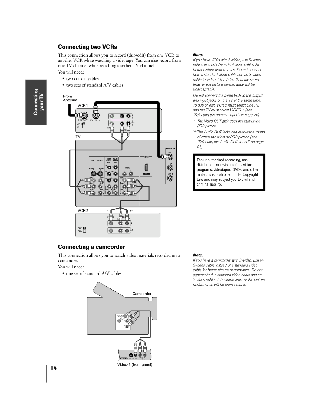 Toshiba 57H85C, 65H85C, 51H85C owner manual Connecting two VCRs, Connecting a camcorder 