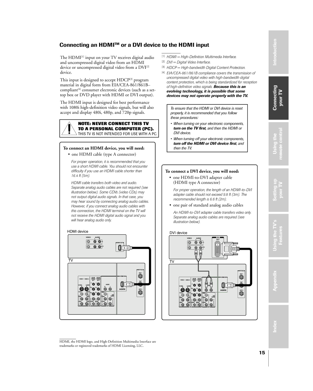 Toshiba 65H85C Connecting an Hdmitm or a DVI device to the Hdmi input, Introduction, ¥ one Hdmi cable type a connector 