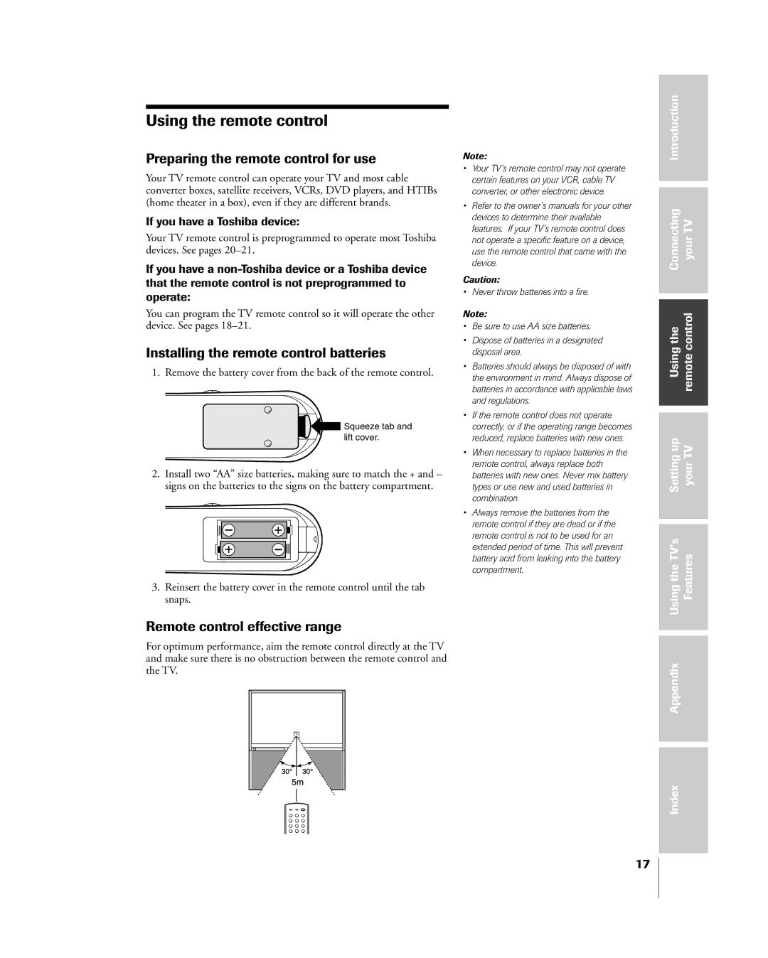 Toshiba 57H85C Preparing the remote control for use, Installing the remote control batteries, If you have a Toshiba device 