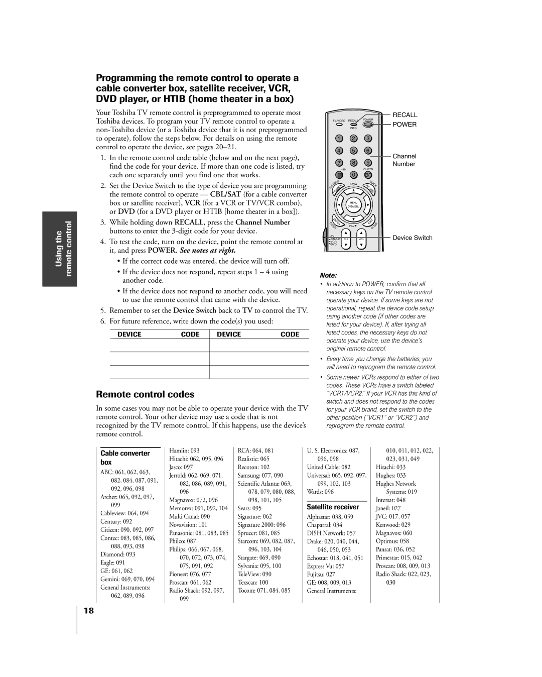 Toshiba 65H85C, 51H85C Remote control codes, Using the remote control, For future reference, write down the codes you used 