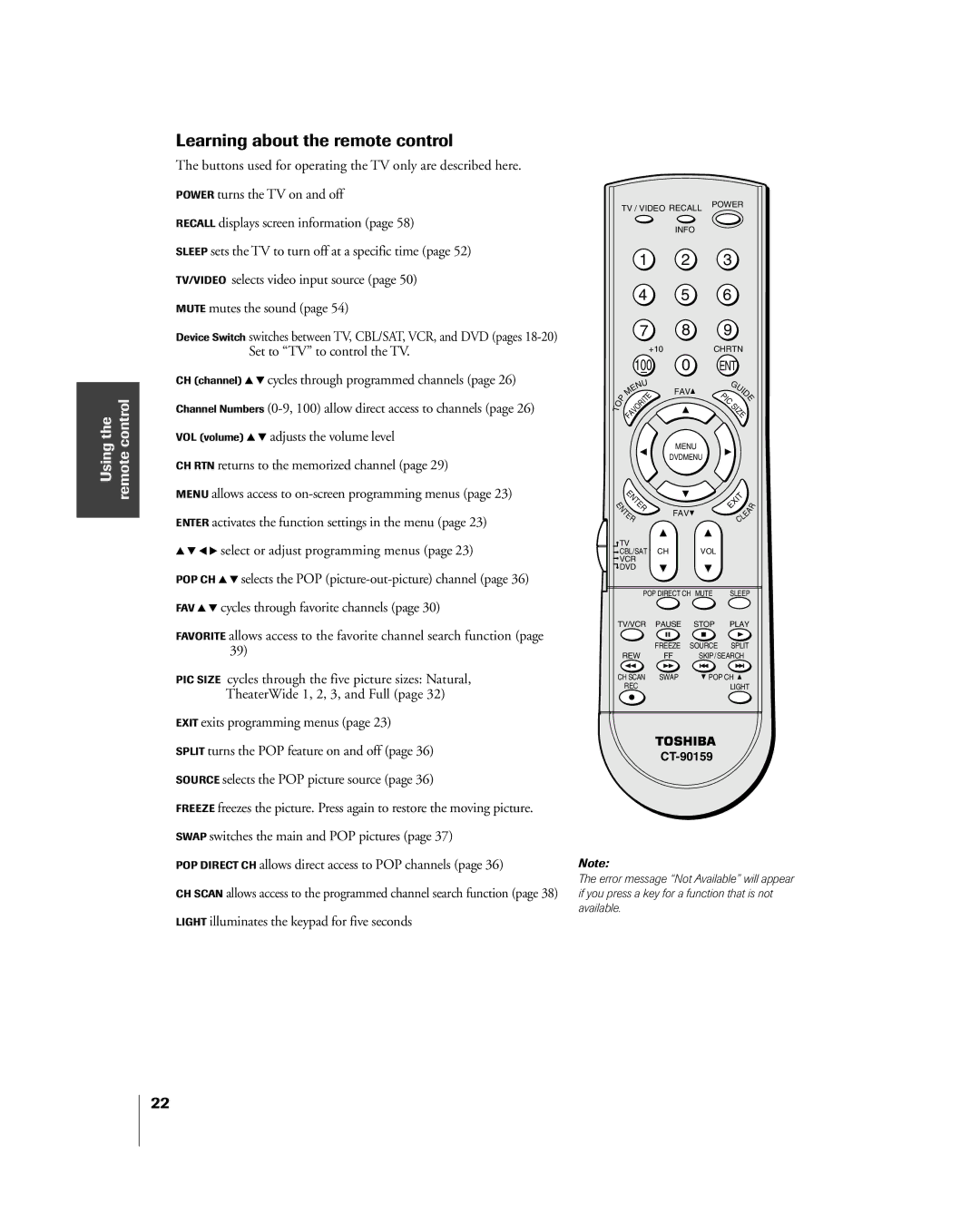 Toshiba 51H85C, 65H85C, 57H85C owner manual Learning about the remote control, Using remote, Adjusts the volume level 