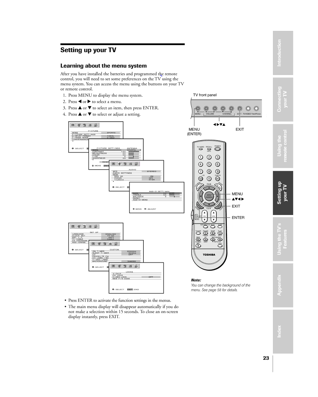 Toshiba 57H85C, 65H85C, 51H85C Learning about the menu system, Connecting YourTV Usingthe Remotecontrol Settingup 