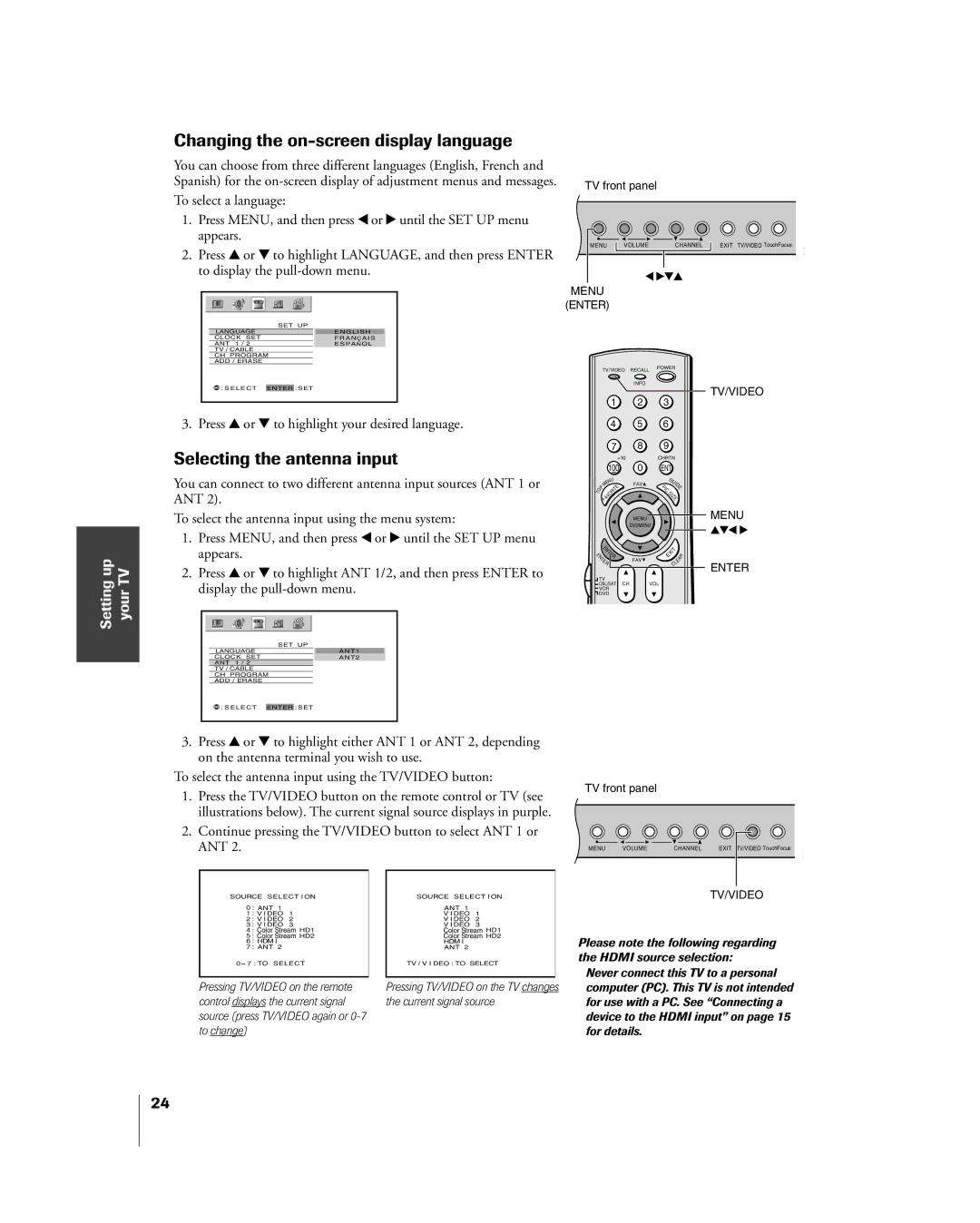 Toshiba 65H85C, 51H85C Changing the on-screen display language, Selecting the antenna input, Setting up your TV, Ant 