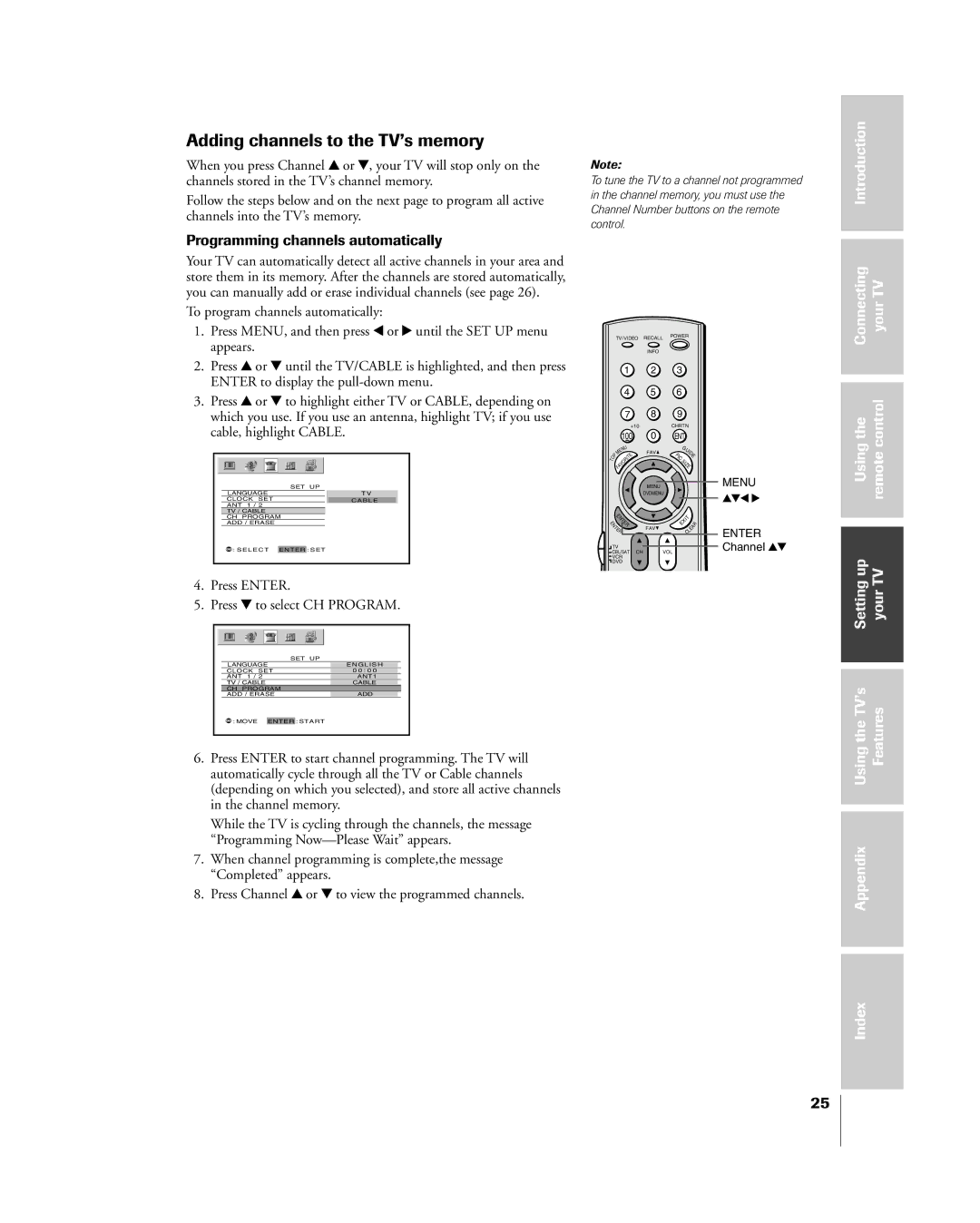 Toshiba 51H85C, 65H85C Adding channels to the TVÕs memory, Programming channels automatically, Connecting YourTV Control 