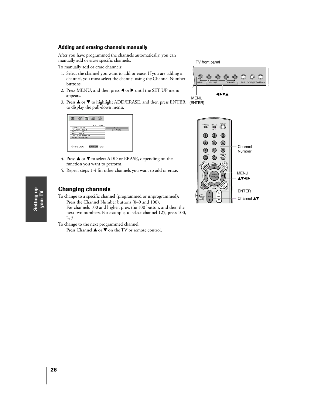 Toshiba 57H85C, 65H85C, 51H85C owner manual Changing channels, Adding and erasing channels manually 