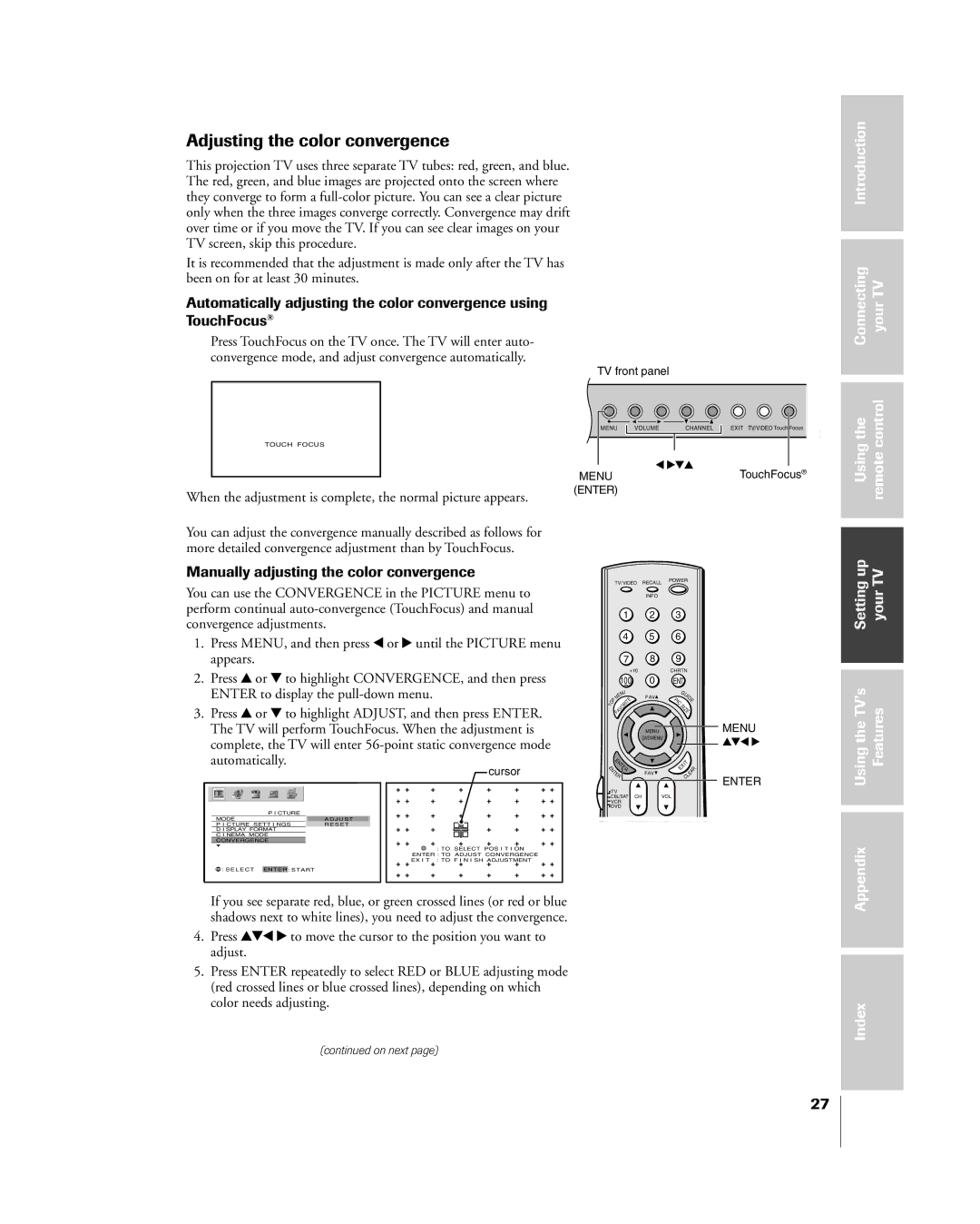 Toshiba 65H85C Adjusting the color convergence, Introduction Connecting your TV, Usingthe Remotecontrol, Appendix Index 