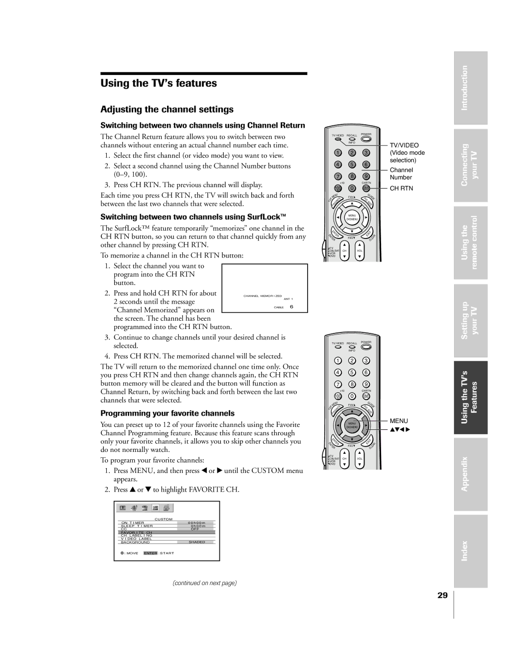 Toshiba 57H85C, 65H85C, 51H85C Adjusting the channel settings, Switching between two channels using Channel Return 