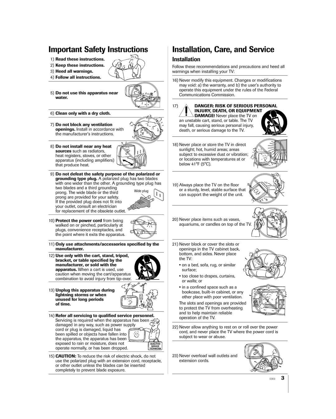 Toshiba 65H85C, 51H85C, 57H85C owner manual Important Safety Instructions, Installation 