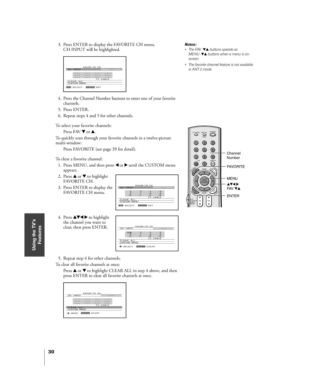 Toshiba 65H85C, 51H85C, 57H85C owner manual Press y or z to highlight, Press Enter to display the Favorite CH menu 