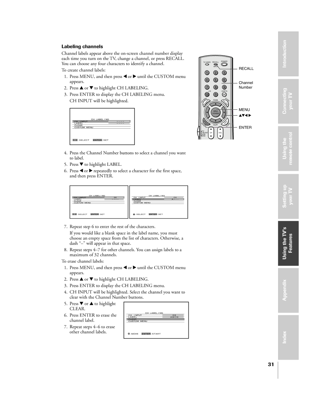 Toshiba 51H85C, 65H85C Labeling channels, Introduction Connecting YourTV Usingthe Remotecontrol, Settingup yourTV, Clear 