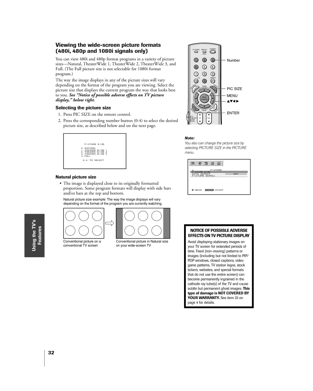 Toshiba 57H85C, 65H85C, 51H85C owner manual Selecting the picture size, Natural picture size 