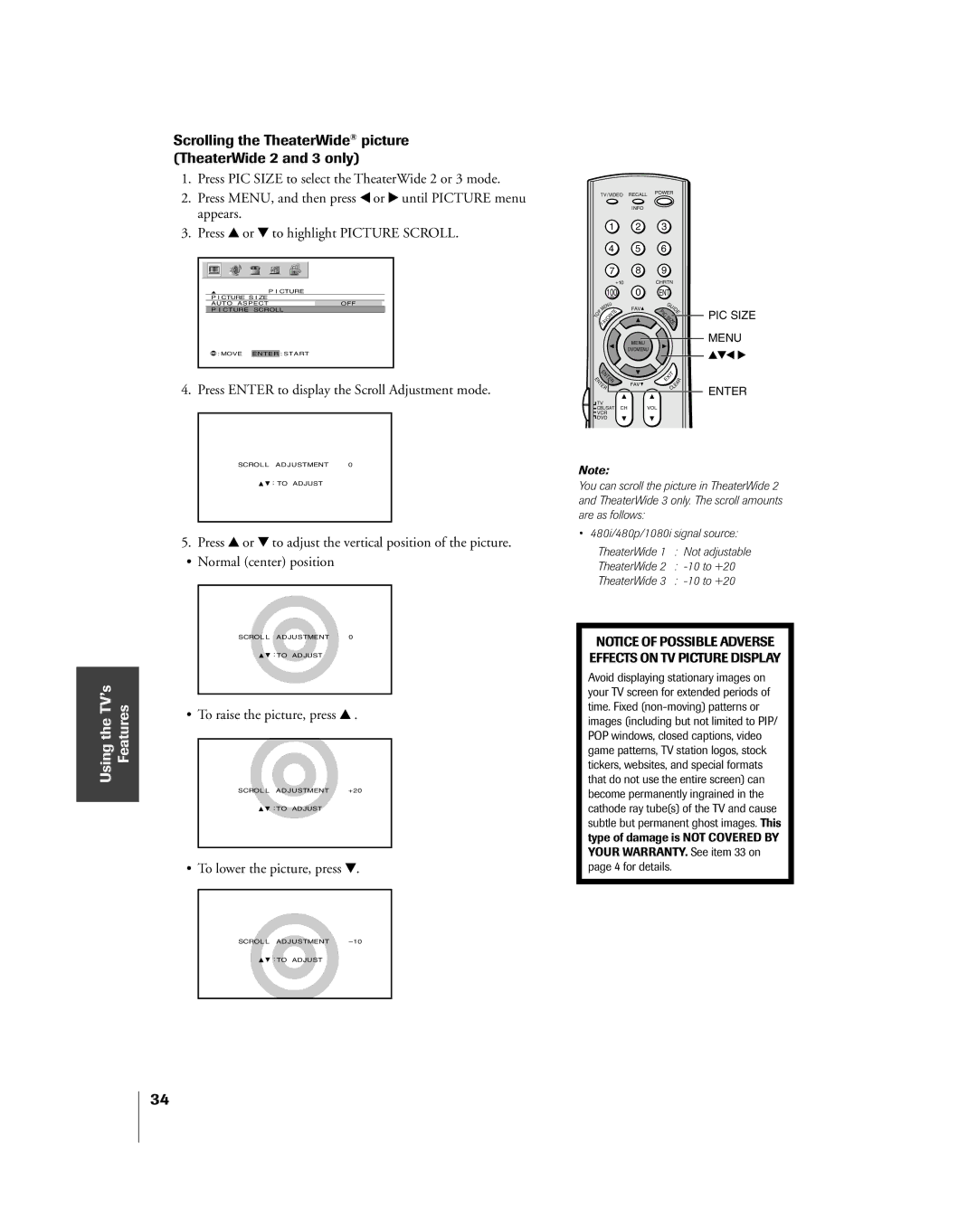 Toshiba 51H85C, 65H85C, 57H85C owner manual Scrolling the TheaterWide¨ picture TheaterWide 2 and 3 only 