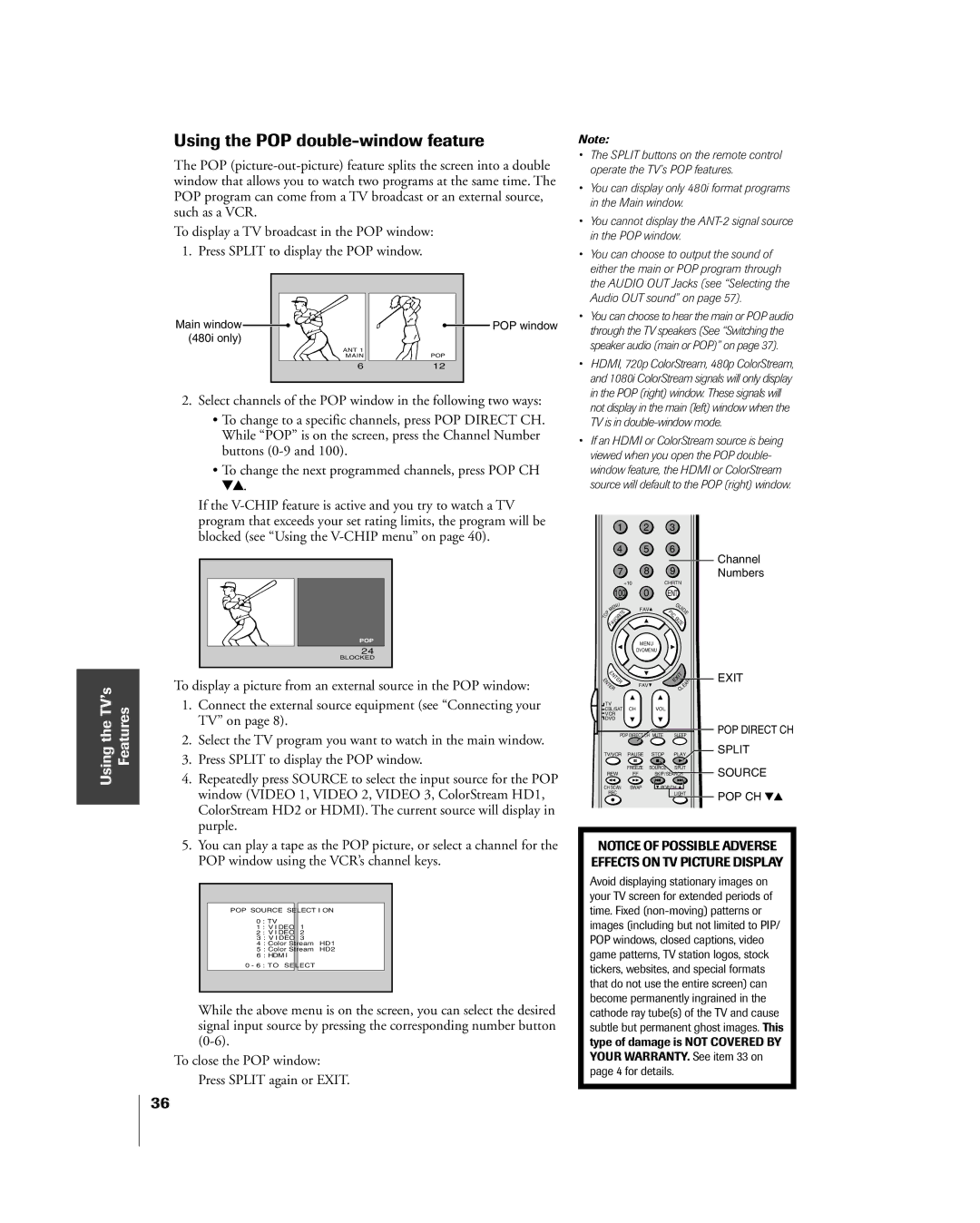 Toshiba 65H85C, 51H85C, 57H85C Using the POP double-window feature, Press Split to display the POP window, Purple 