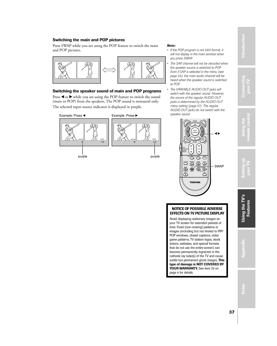 Toshiba 51H85C, 65H85C Switching the main and POP pictures, Switching the speaker sound of main and POP programs, Using 