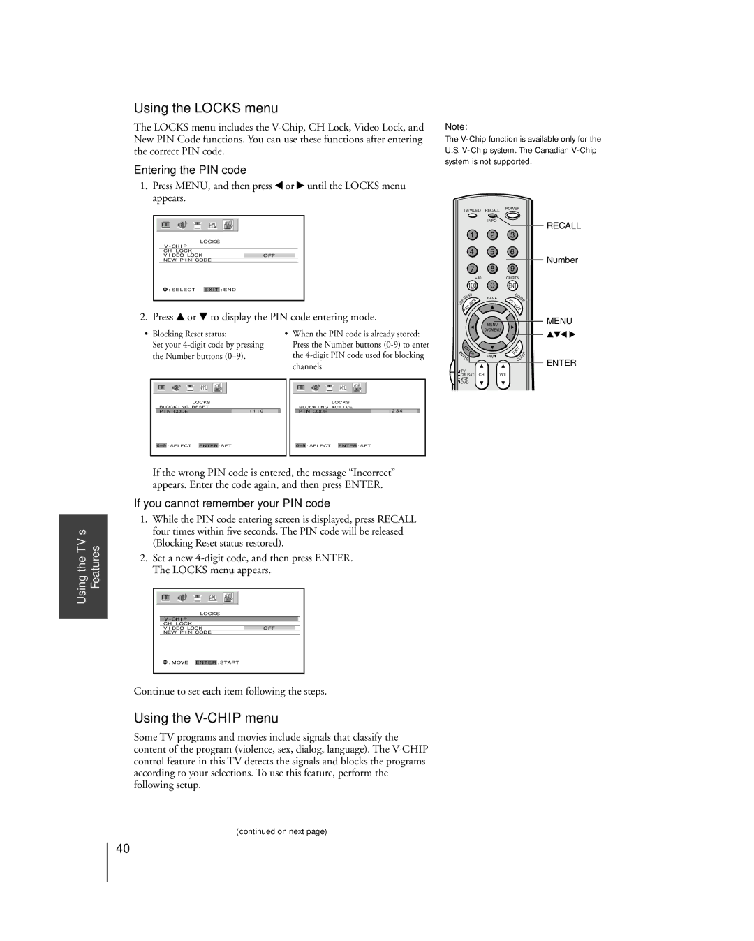 Toshiba 51H85C Using the Locks menu, Using the V-CHIP menu, Entering the PIN code, If you cannot remember your PIN code 