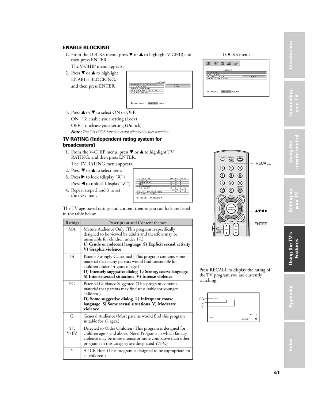 Toshiba 57H85C, 65H85C, 51H85C owner manual TV Rating Independent rating system for broadcasters, Enable Blocking 