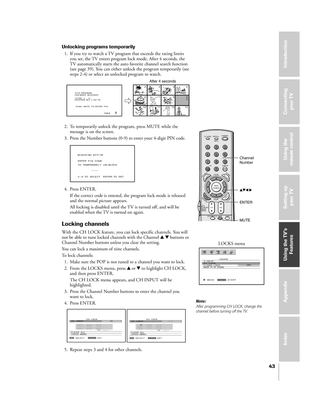 Toshiba 51H85C, 65H85C, 57H85C owner manual Locking channels, Unlocking programs temporarily, Connecting yourTV 