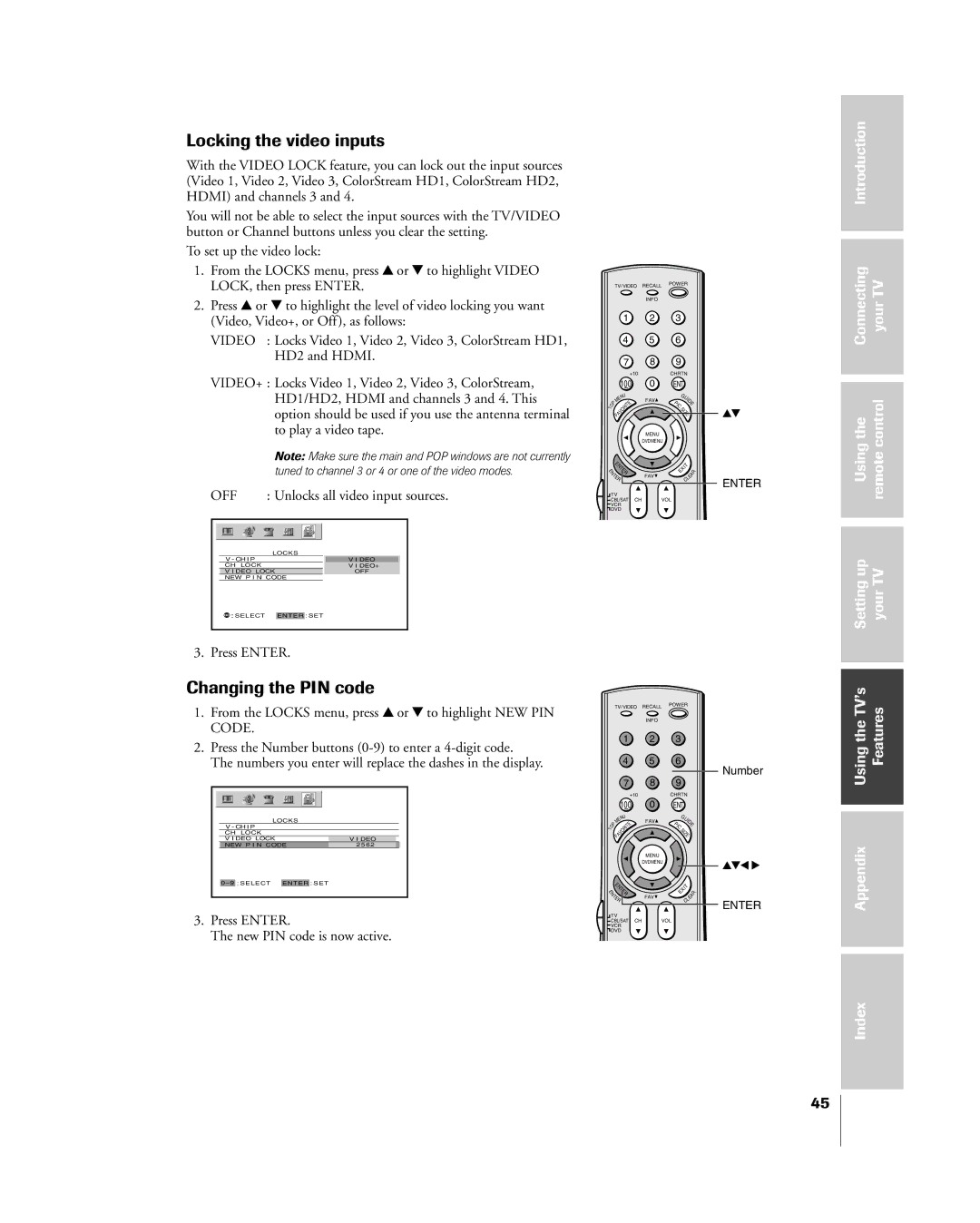 Toshiba 65H85C, 51H85C, 57H85C Locking the video inputs, Changing the PIN code, Off, Press Enter New PIN code is now active 