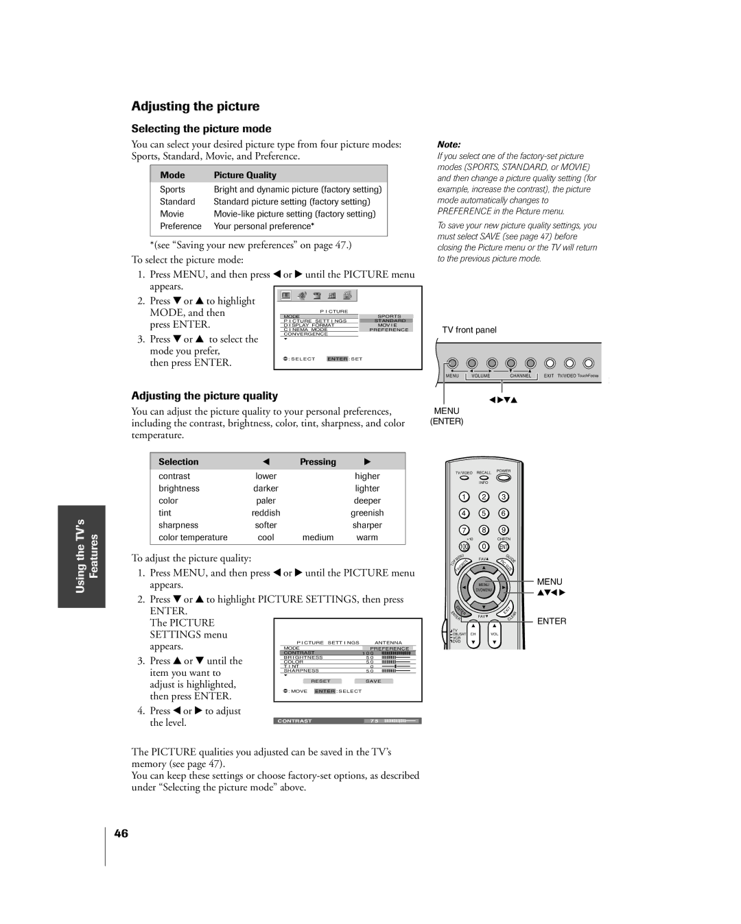 Toshiba 51H85C, 65H85C, 57H85C owner manual Selecting the picture mode, Adjusting the picture quality 