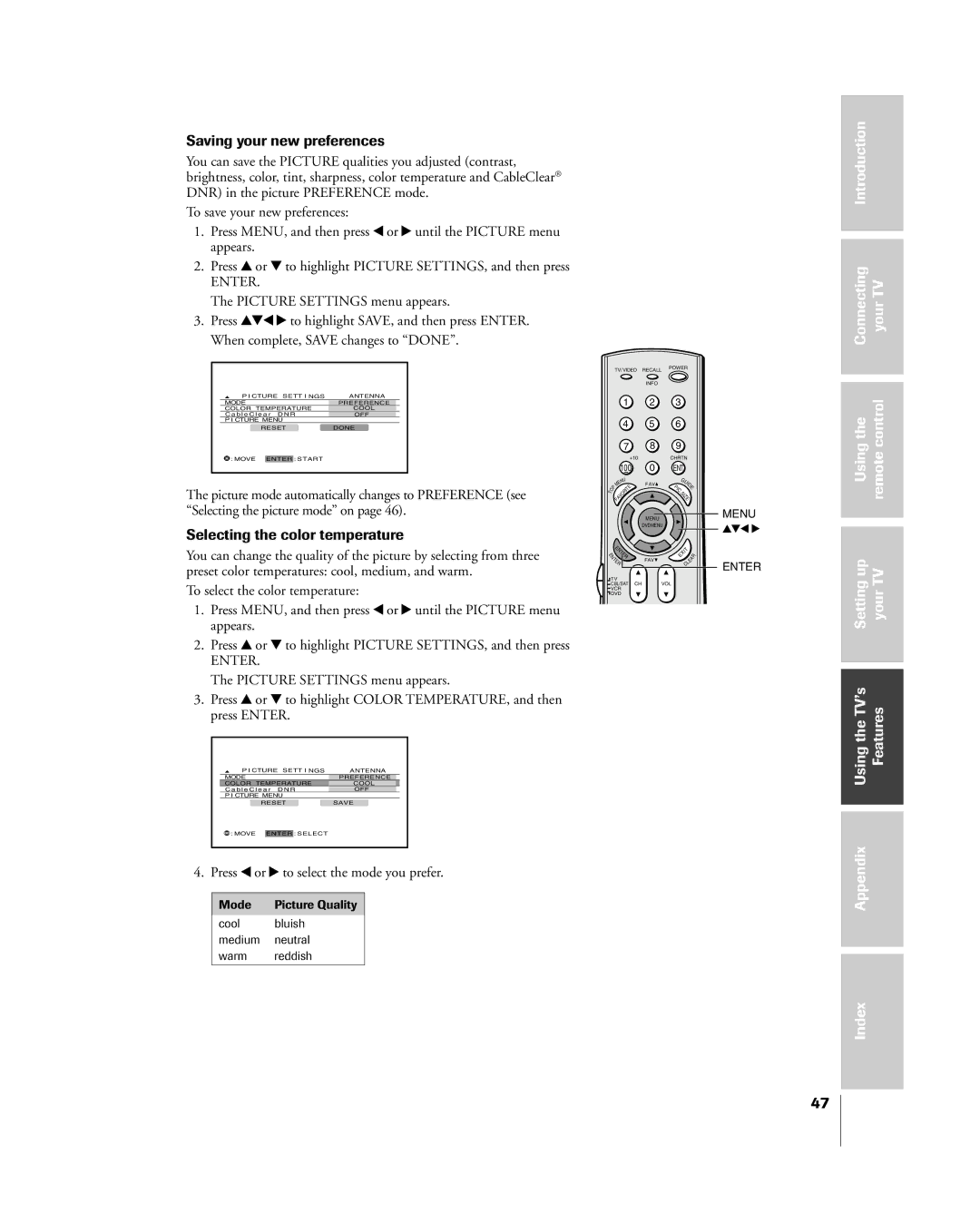 Toshiba 57H85C Saving your new preferences, Selecting the color temperature, Press x or to select the mode you prefer 