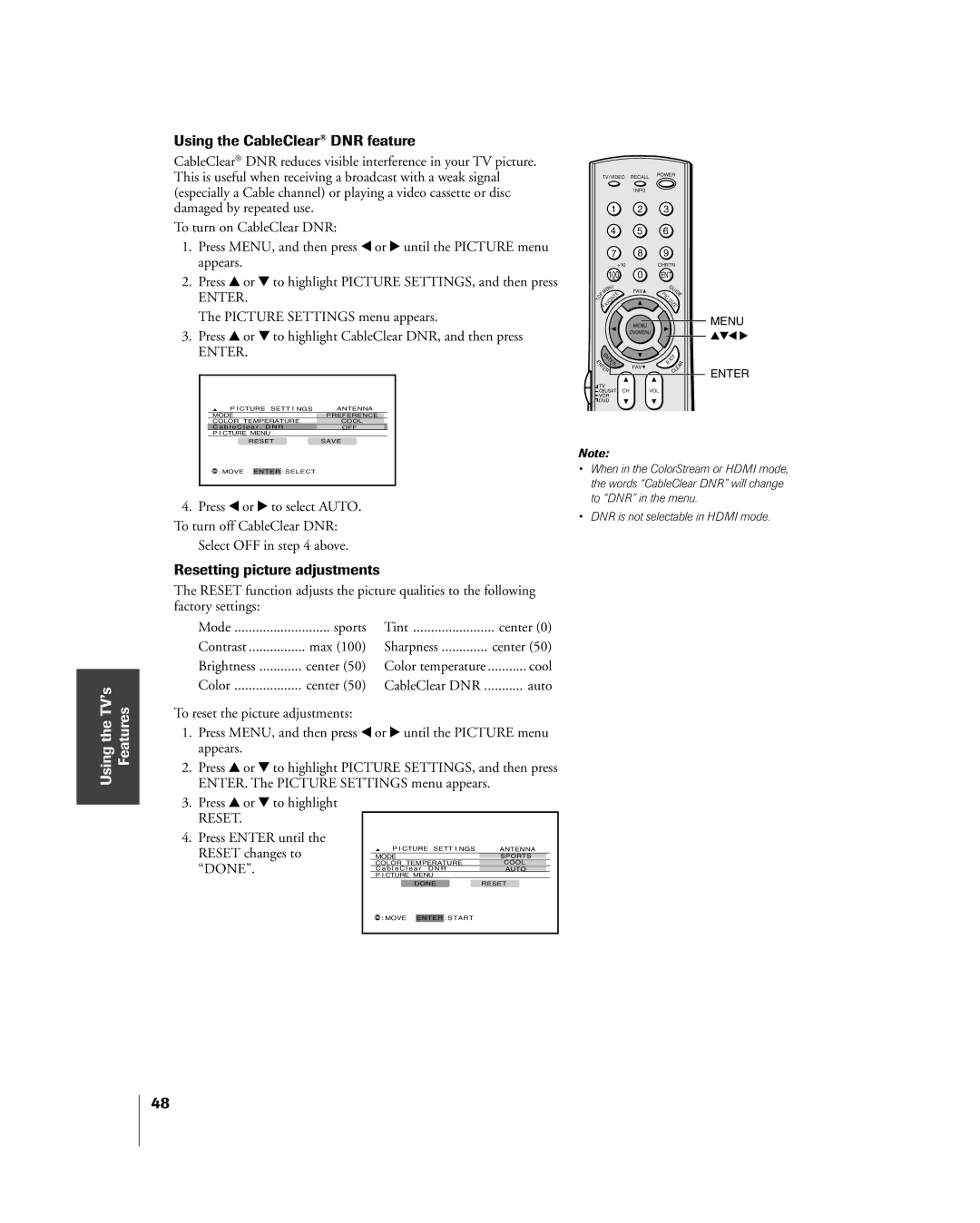 Toshiba 65H85C, 51H85C, 57H85C owner manual Using the CableClear¨ DNR feature, Resetting picture adjustments, Òdoneó 