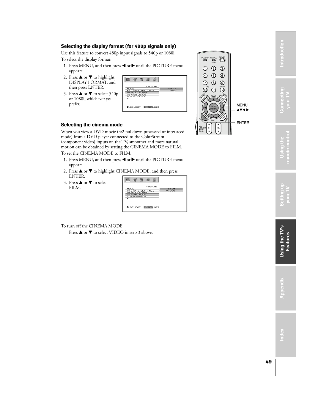 Toshiba 51H85C Selecting the display format for 480p signals only, Selecting the cinema mode, Press y or z to select, Film 