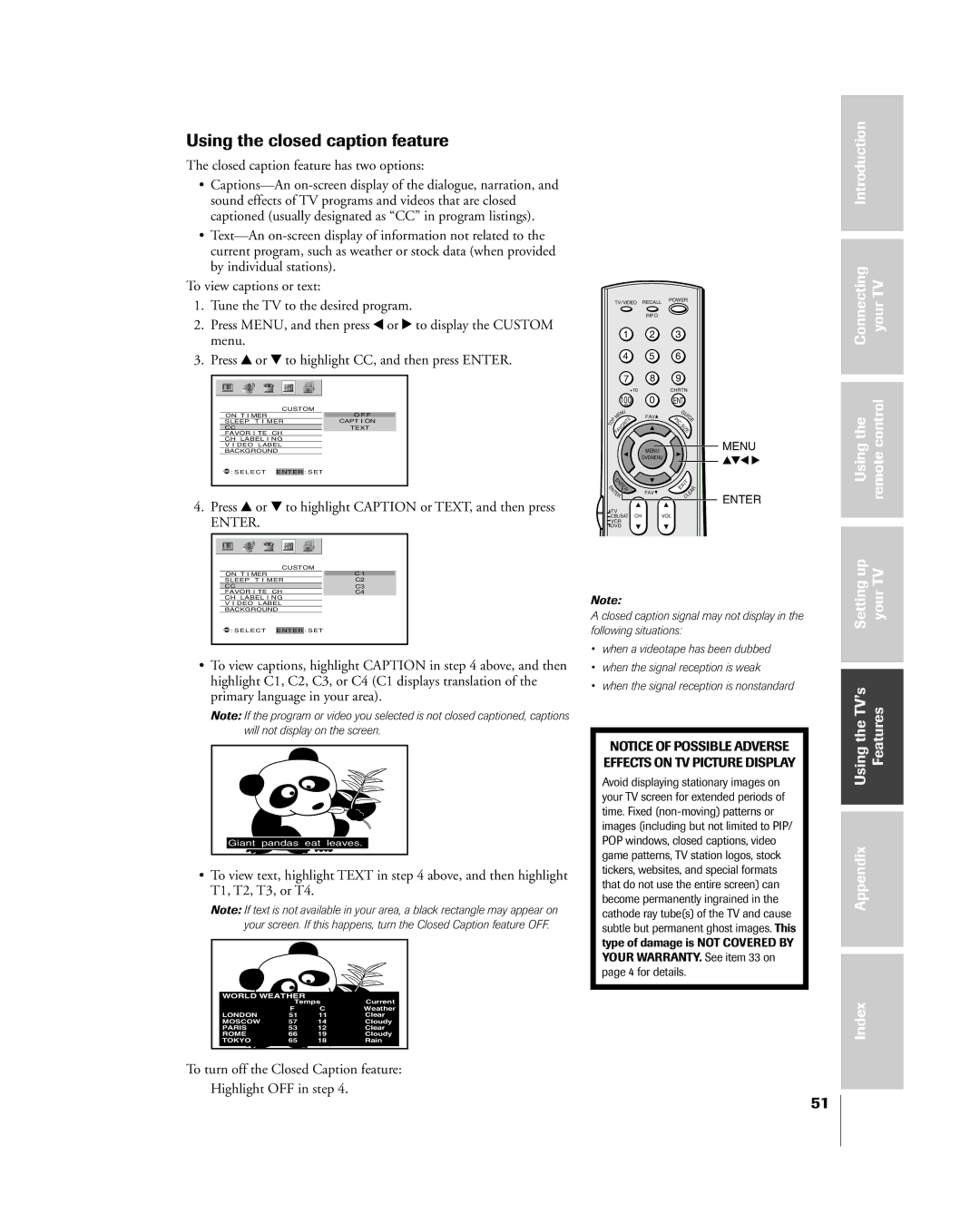 Toshiba 65H85C, 51H85C, 57H85C Using the closed caption feature, Press y or z to highlight Caption or TEXT, and then press 