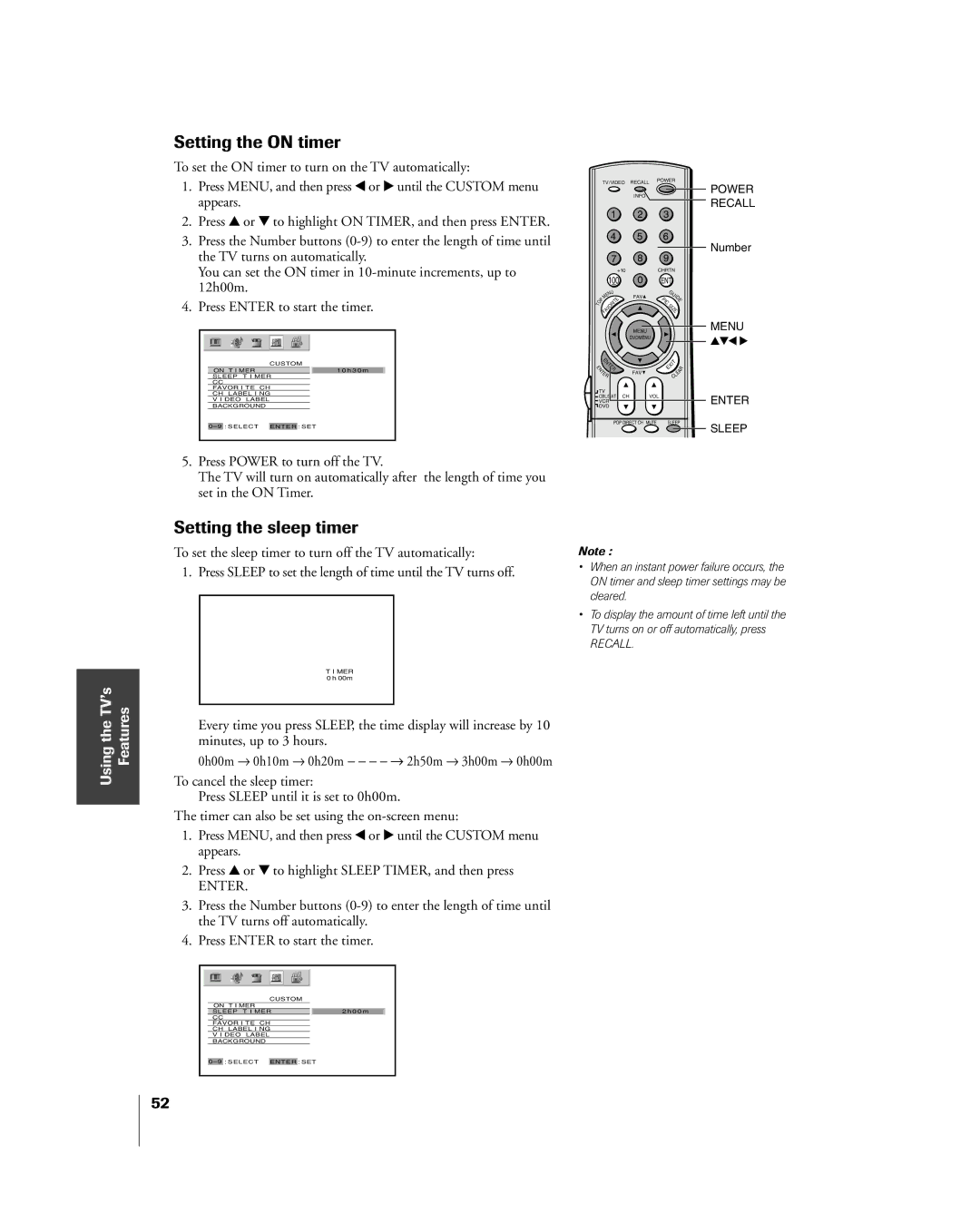 Toshiba 51H85C, 65H85C, 57H85C owner manual Setting the on timer, Setting the sleep timer 