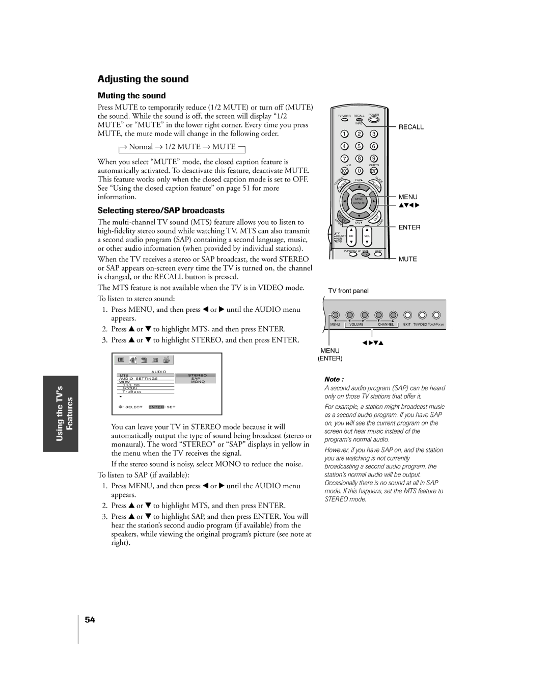 Toshiba 65H85C, 51H85C, 57H85C owner manual Adjusting the sound, Muting the sound, Selecting stereo/SAP broadcasts 