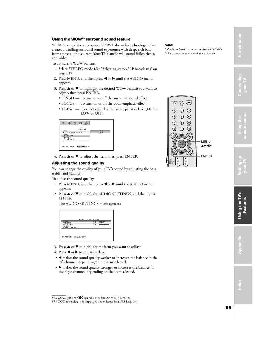 Toshiba 51H85C, 65H85C Using the WOWª surround sound feature, Adjusting the sound quality, Audio Settings menu appears 