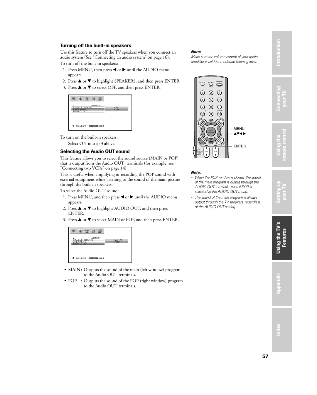 Toshiba 65H85C, 51H85C, 57H85C owner manual Turning off the built-in speakers, Selecting the Audio OUT sound 