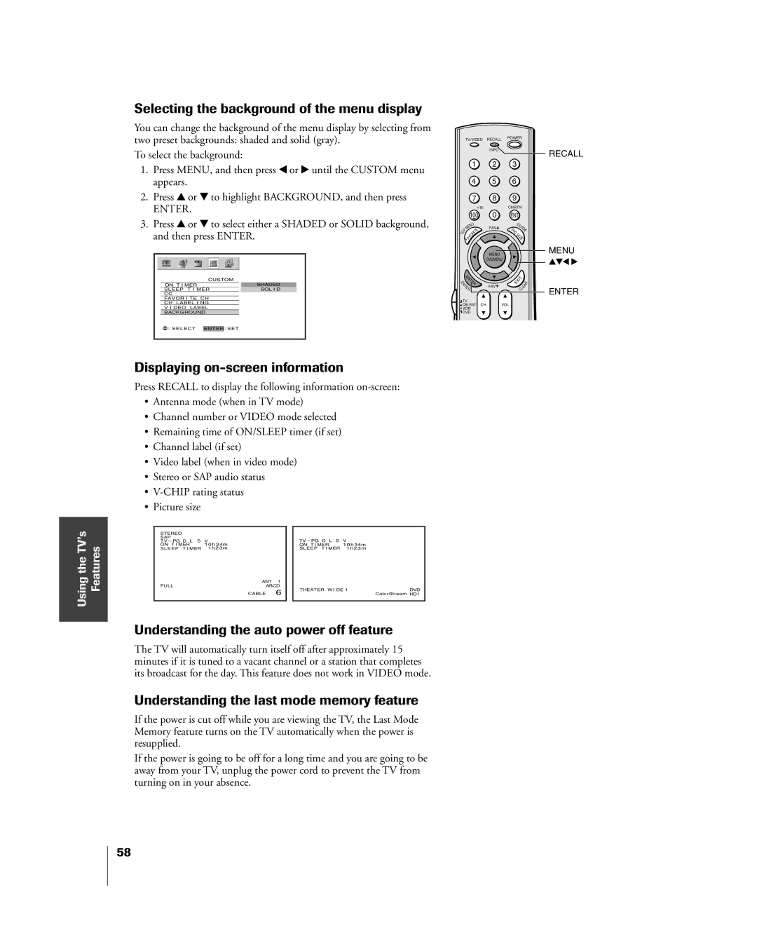 Toshiba 51H85C, 65H85C, 57H85C owner manual Selecting the background of the menu display, Displaying on-screen information 