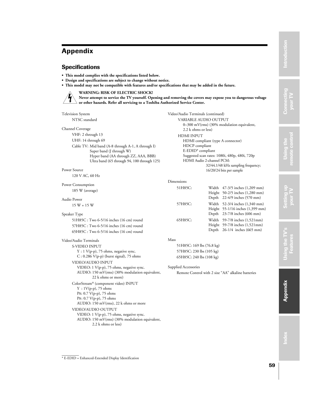 Toshiba 57H85C, 65H85C, 51H85C owner manual Appendix, Specifications 