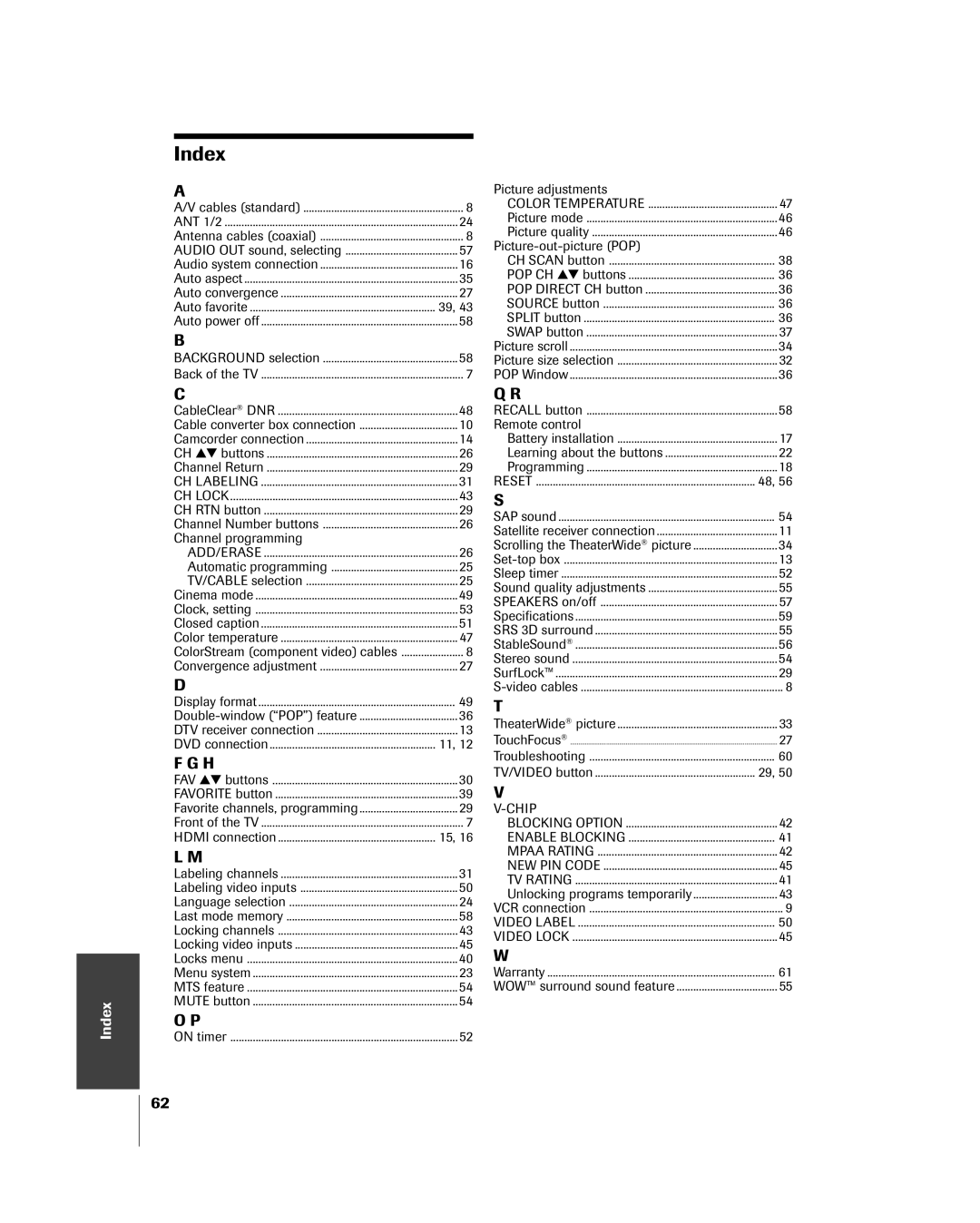 Toshiba 57H85C, 65H85C, 51H85C owner manual Index 