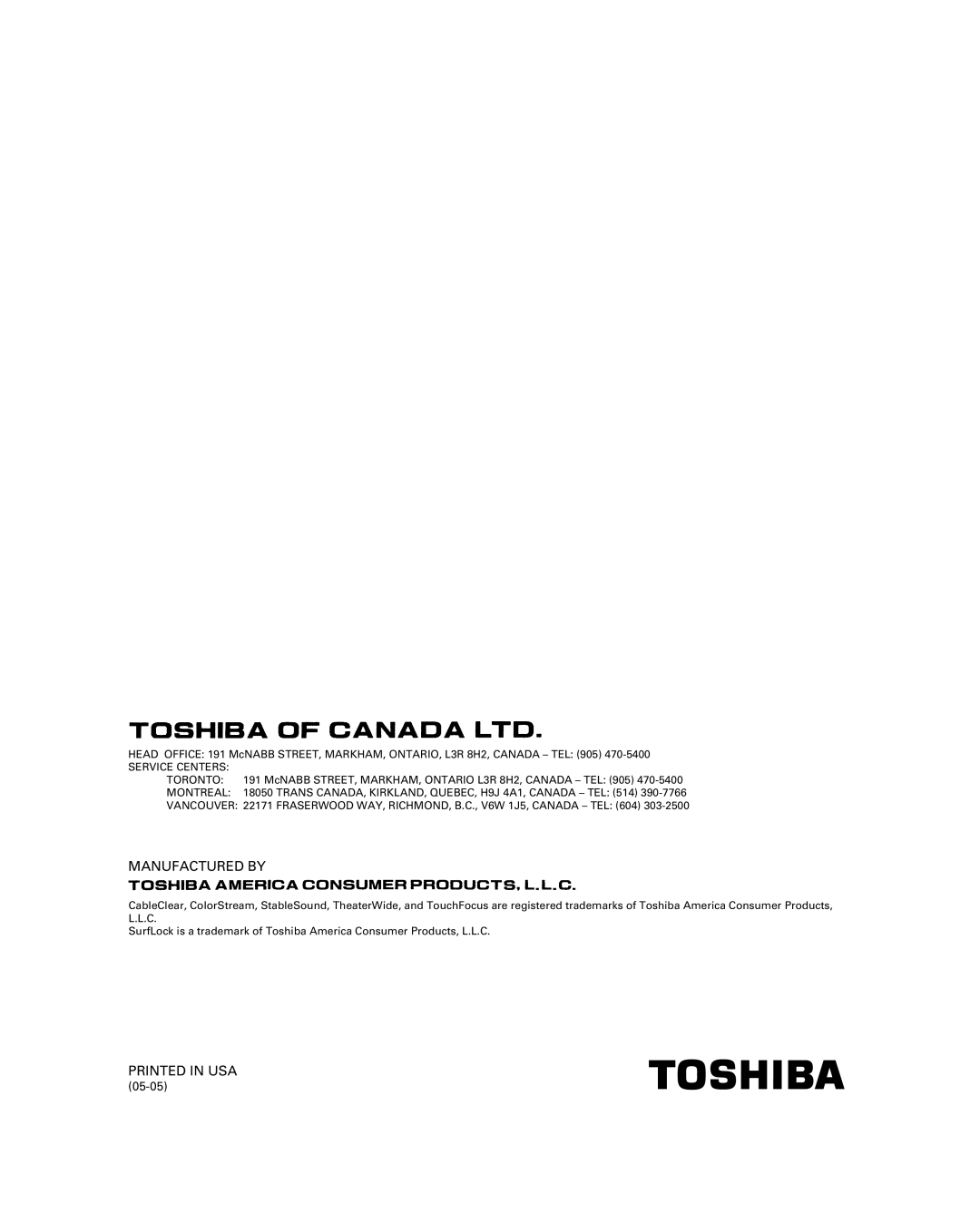 Toshiba 51H85C, 65H85C, 57H85C owner manual Manufactured by 