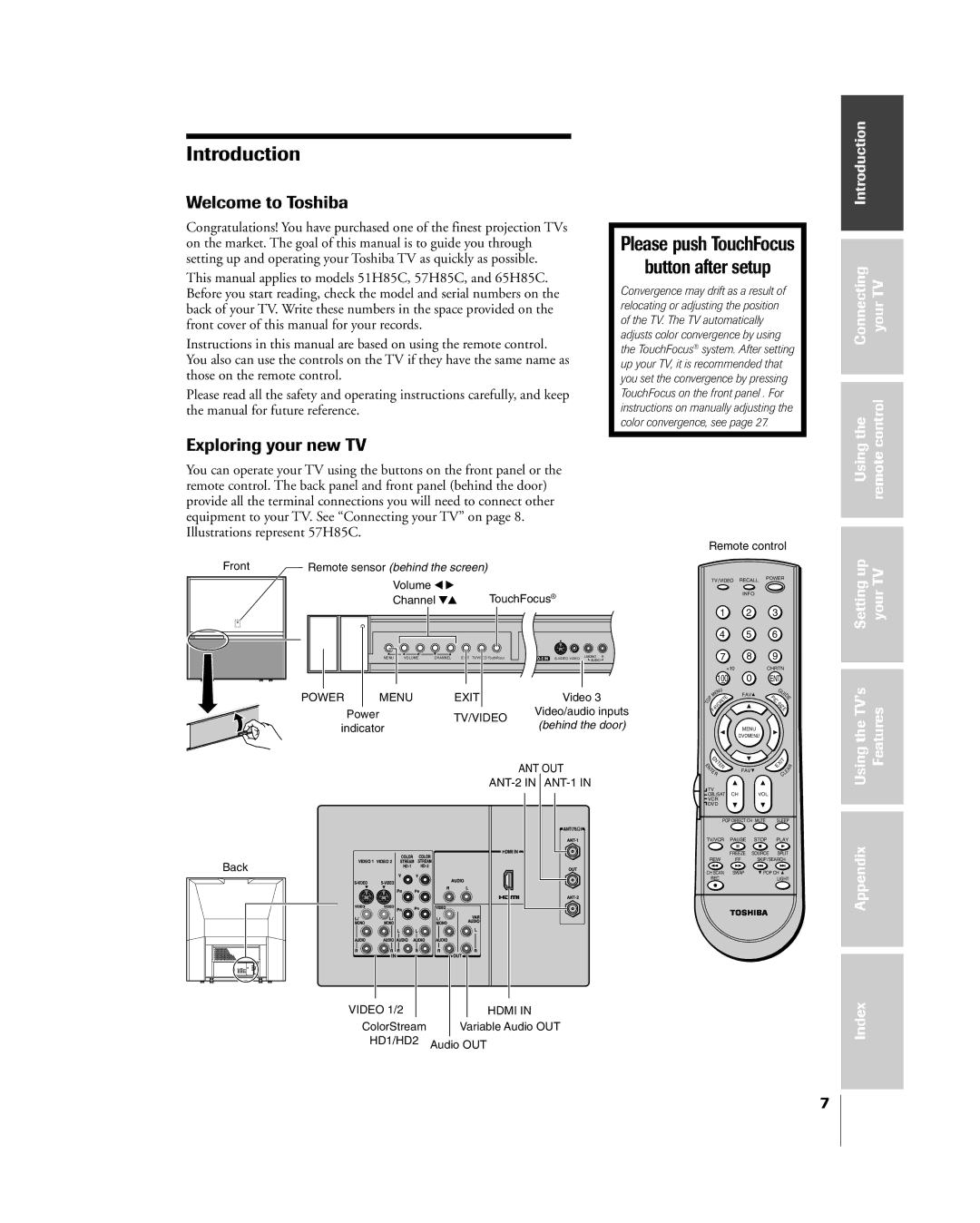 Toshiba 51H85C, 65H85C, 57H85C owner manual Welcome to Toshiba, Exploring your new TV, Introduction Connecting YourTV Control 