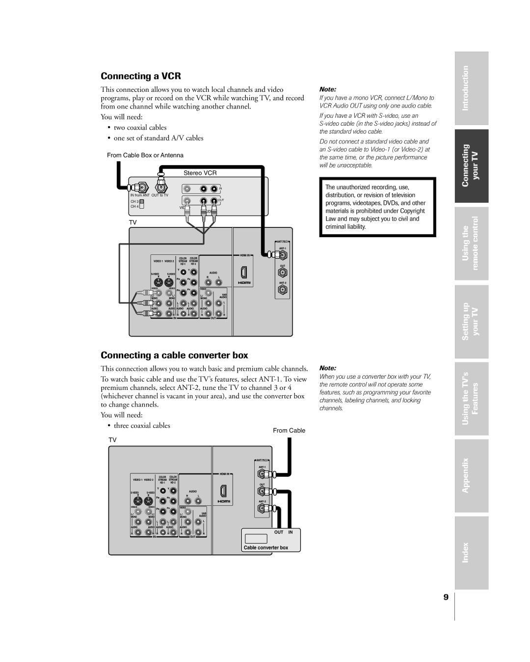 Toshiba 65H85C, 51H85C, 57H85C owner manual Connecting a VCR, Connecting a cable converter box 