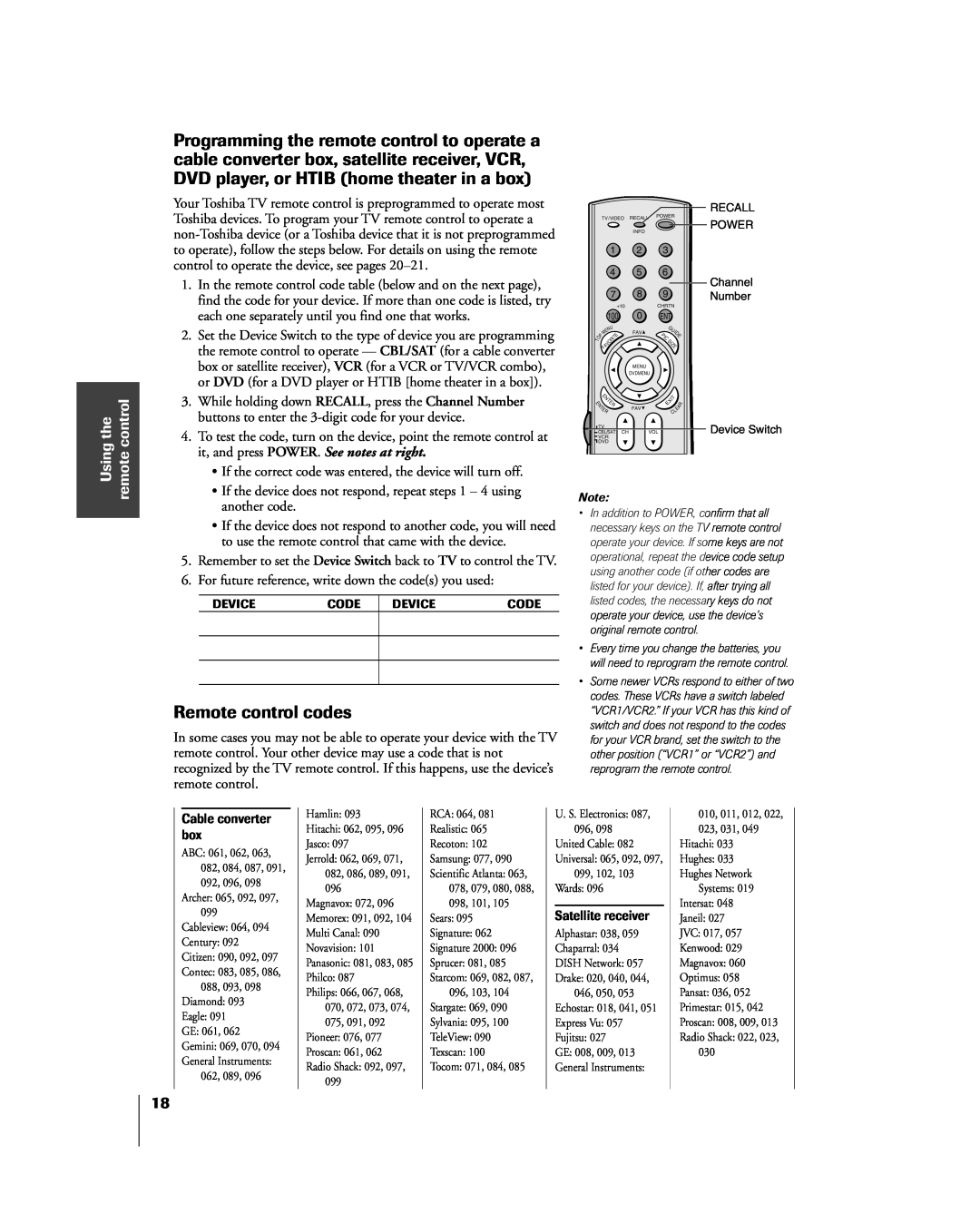 Toshiba 65H85C, 51H85C, 57H85C owner manual Remote control codes, Using the remote control 