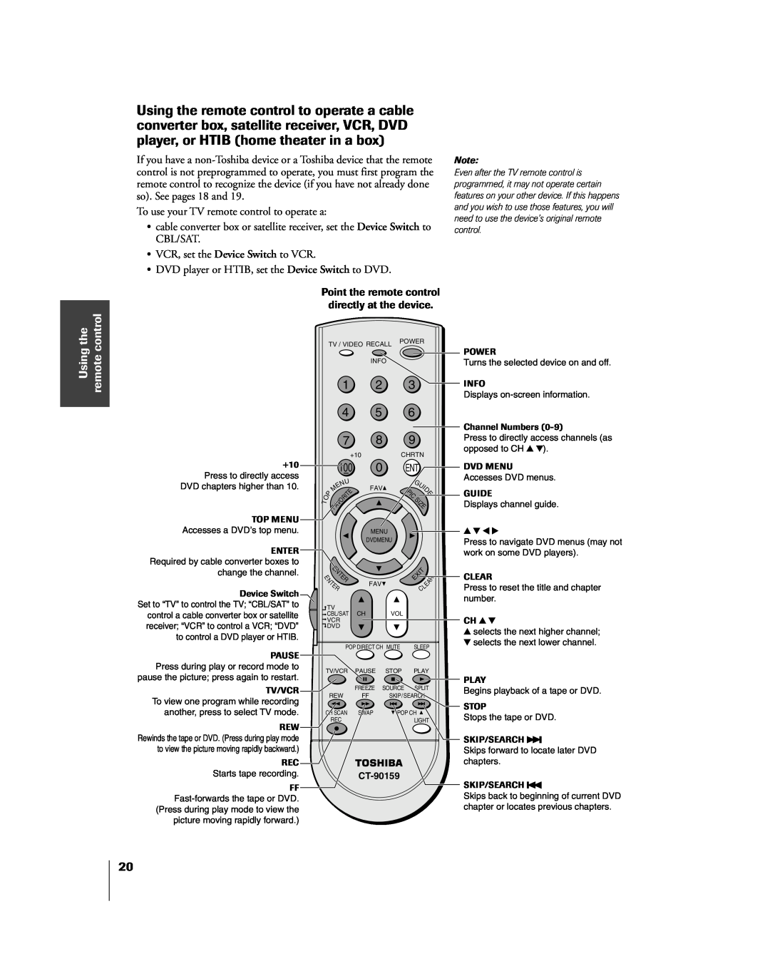 Toshiba 57H85C To use your TV remote control to operate a, ¥ VCR, set the Device Switch to VCR, Using the remote control 
