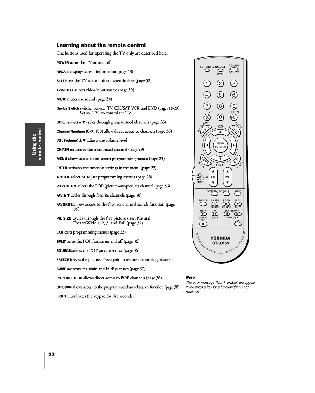 Toshiba 51H85C, 65H85C, 57H85C owner manual Learning about the remote control, the control, Using remote 